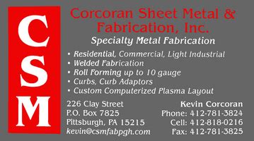 sharpsburg sheet metal fabrication|Corcoran Sheet Metal Fabrication, 226 Clay St, Sharpsburg, PA.